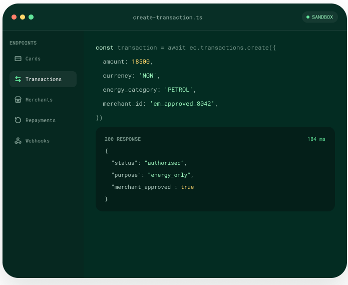 Energy Credit api console